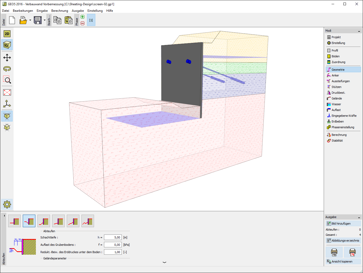 Verbauwand Vorbemessung : 3D Eingabe der Geometrie von Gräben, Verbauwand und anderen Parametern