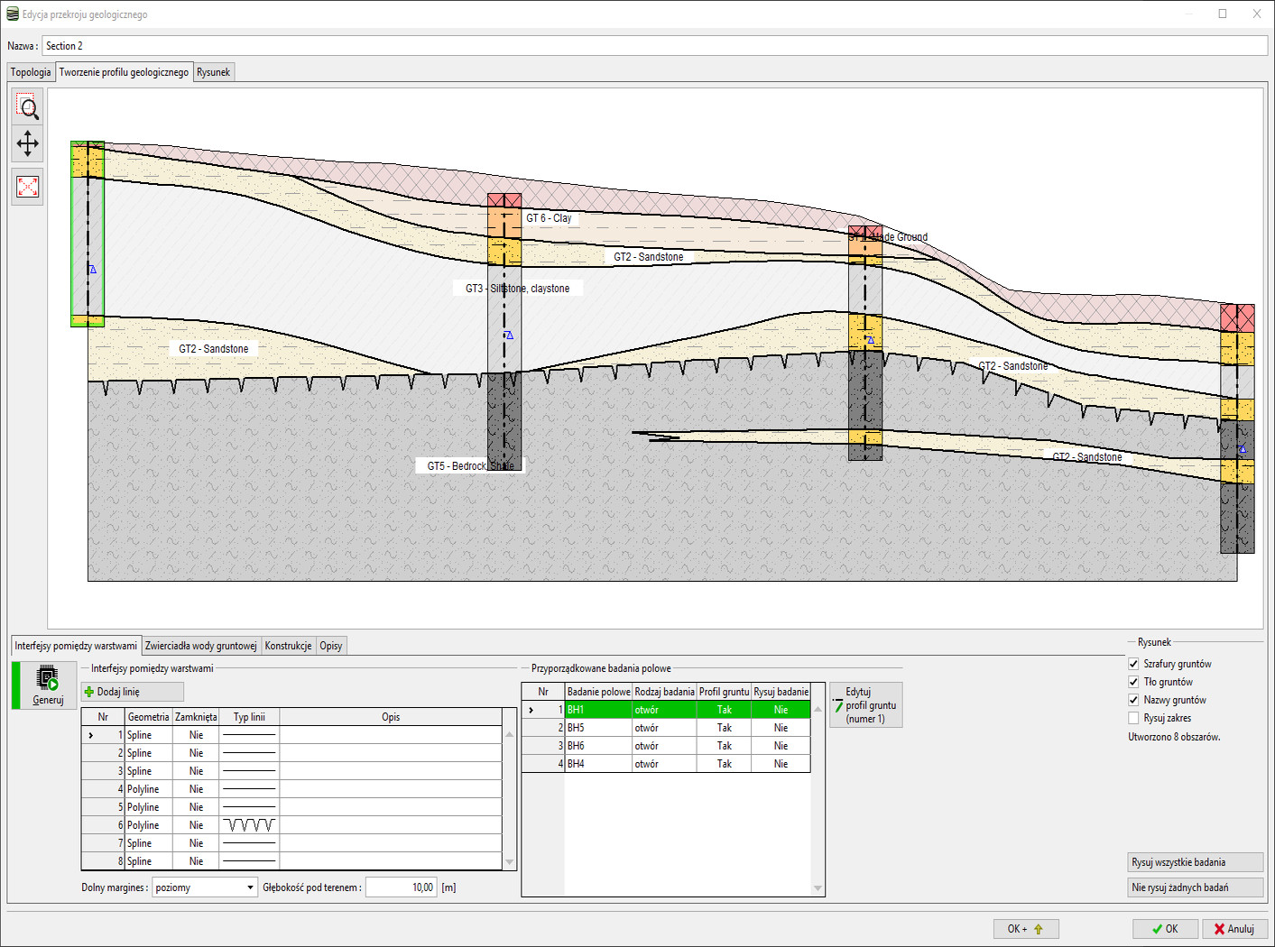 Stratygrafia 3D – Przekroje : Ustawienia rysowania badań polowych na przekroju geologicznym